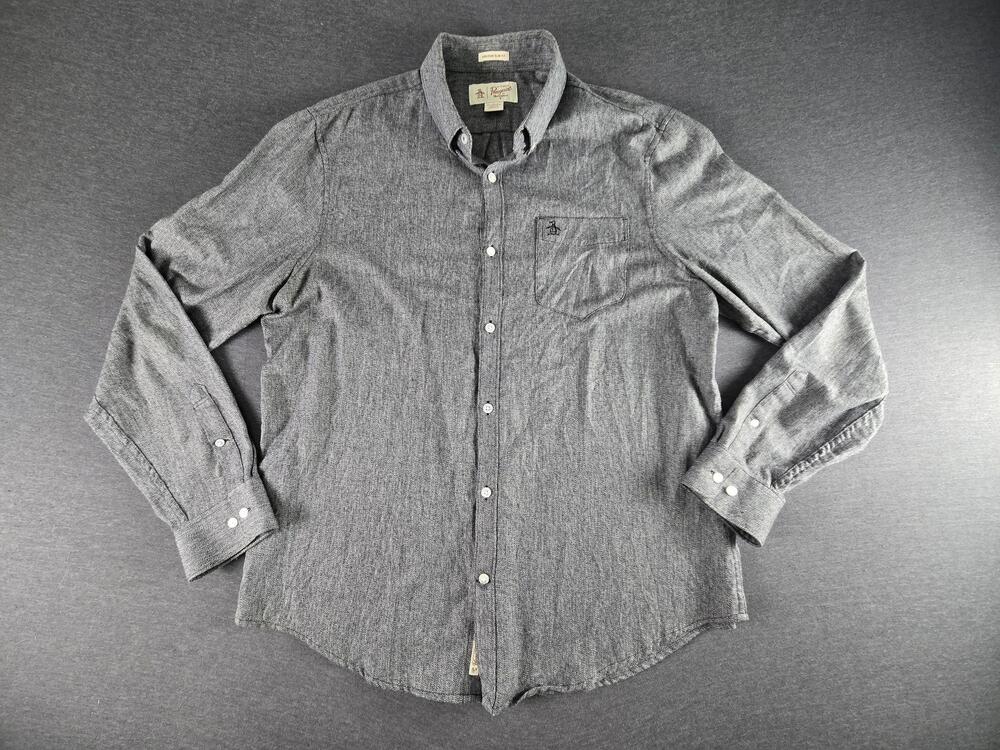 Original Penguin Shirt Mens XL Gray Herringbone Long Sleeve Slim Fit Button Up
